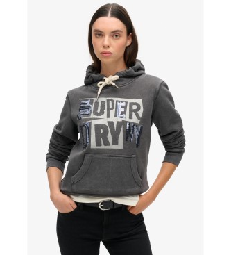 Superdry Grafisk sweatshirt med htte og punk-kanter  Mrkegr