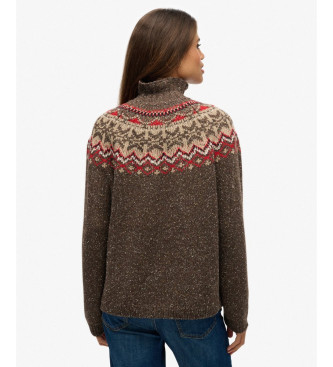 Superdry Pull  col roul marron Fairisle