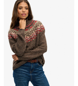 Superdry Pull  col roul marron Fairisle