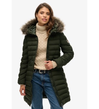 Superdry Manteau mi-long Fuji avec capuche et bordures en fausse fourrure, vert