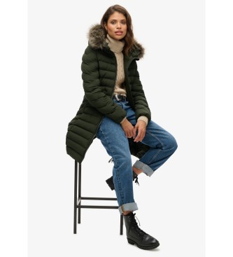 Superdry Manteau mi-long Fuji avec capuche et bordures en fausse fourrure, vert