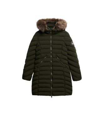 Superdry Manteau mi-long Fuji avec capuche et bordures en fausse fourrure, vert