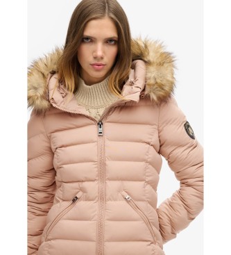 Superdry Fuji taupe mid-length hooded coat with faux fur trim