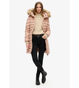 Superdry Manteau  capuche mi-long Fuji taupe avec bordures en fausse fourrure