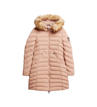 Superdry Manteau  capuche mi-long Fuji taupe avec bordures en fausse fourrure