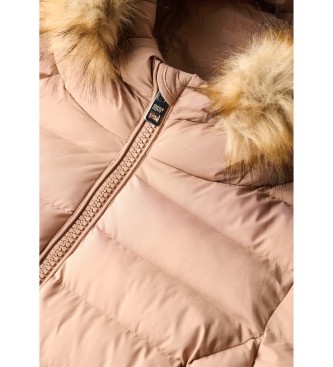 Superdry Fuji taupe mellemlang httefrakke med imiteret pelskant