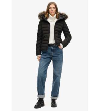 Superdry Fuji Kunstfell Kapuze wattierte Jacke schwarz