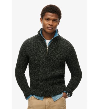 Superdry Zopfstrickpullover Jacob schwarz mit halbem Reiverschluss