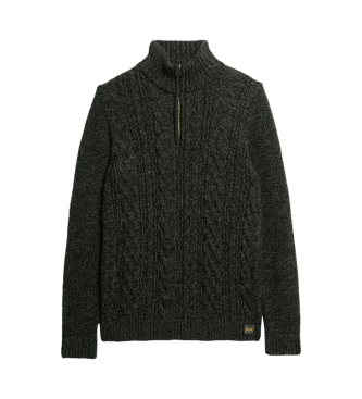 Superdry Zopfstrickpullover Jacob schwarz mit halbem Reiverschluss