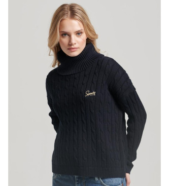 Superdry Strickpullover mit Umlegekragen aus navyfarbenem Zopfstrick