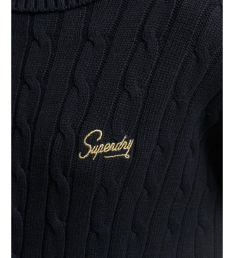 Superdry Strickpullover mit Umlegekragen aus navyfarbenem Zopfstrick