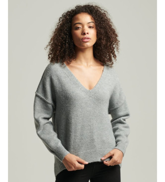 Superdry Locker gestrickter Pullover mit V-Ausschnitt grau