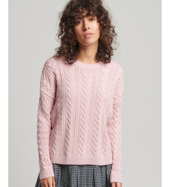 Superdry Camisola de malha entranada cor-de-rosa com gola redonda e ombros cados