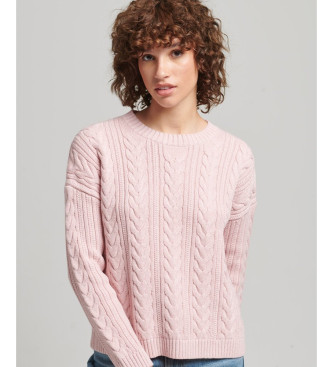 Superdry Jersey de punto trenzado con cuello redondo y hombros cados rosa