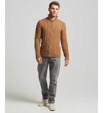 Superdry Braided knitted jumper with half zip Vintage Jacob brown