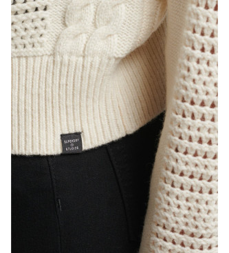 Superdry Knitted pullover with round neck, white knitted, ecru