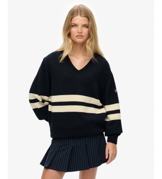 Superdry Oversized V-hals trui met strepen in marineblauw