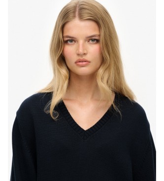 Superdry Oversized V-hals trui met strepen in marineblauw