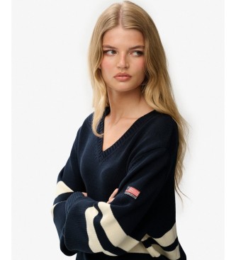 Superdry Oversized V-hals trui met strepen in marineblauw