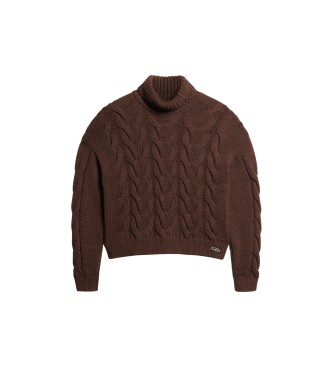Superdry Pleciony sweter z dzianiny z brązowym kołnierzem polo