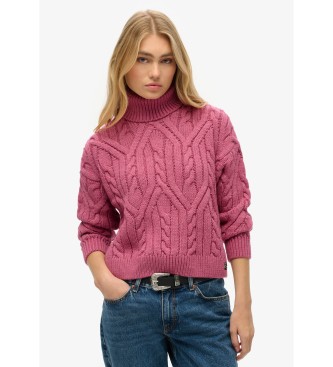 Superdry Maglione rosa lavorato a maglia a trecce con collo a polo