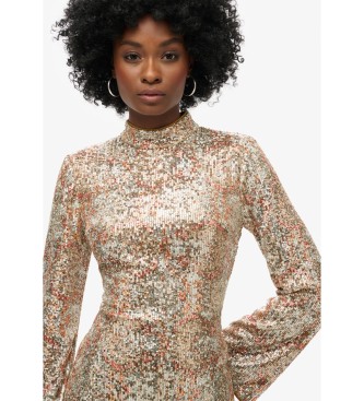 Superdry Gold long sleeve sequin print mini dress with sequins