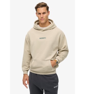 Superdry Lstsiddende sweatshirt med htte og beige mikrotryk med mikrologo