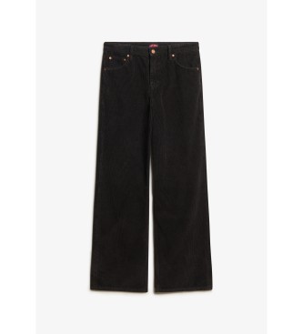 Superdry Pantaln de pana de talle medio y pernera ancha negro