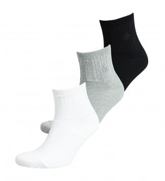 Superdry Lot de 3 paires de chaussettes de cheville blanches, grises et noires