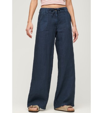 Superdry Pantaloni in lino a vita bassa blu navy