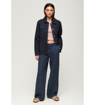 Superdry Pantaloni in lino a vita bassa blu navy