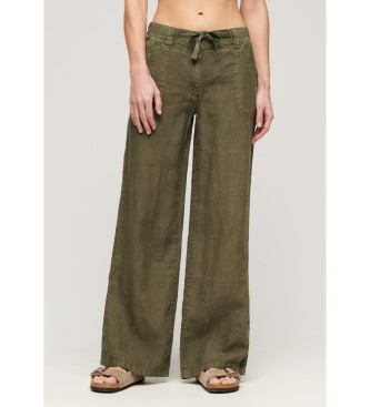 Superdry Lanene hlače z nizkim pasom zelene barve