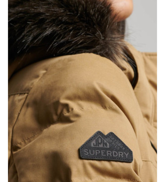 Superdry Lng parkas med huva och brun fuskplskant