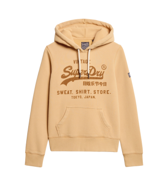 Superdry Klassisches beigefarbenes Kapuzensweatshirt mit Samtgrafik