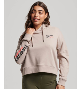 Superdry Mikina s kapuco v bež barvi s kvadratnim krojem in bež logotipom Sportswear