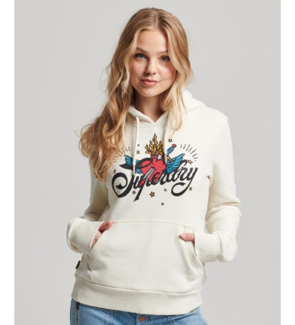 Superdry Bluza z kapturem z grafiką Tattoo Script beżowa