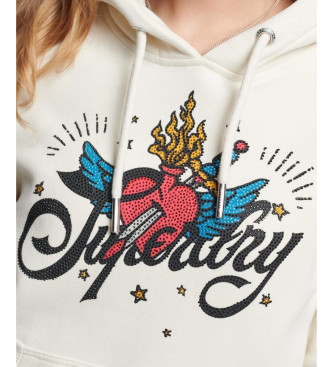 Superdry Bluza z kapturem z grafiką Tattoo Script beżowa