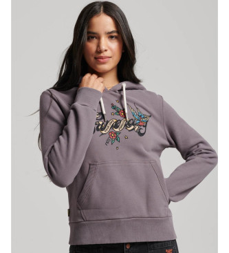 Superdry Tattoo Script grafisch sweatshirt met capuchon grijs