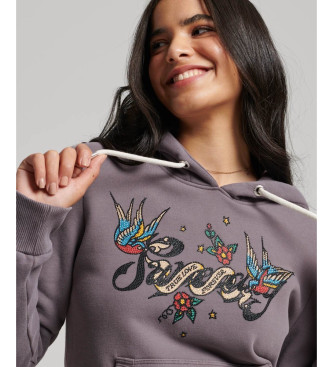 Superdry Tattoo Script grafisch sweatshirt met capuchon grijs