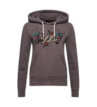 Superdry Tattoo Script hooded graphic sweatshirt grey