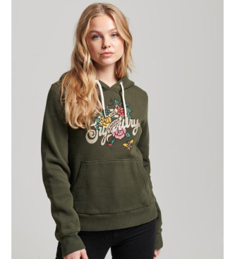 Superdry Felpa con cappuccio grafica con scritta tatuaggio verde