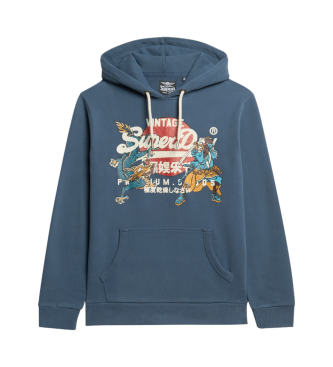 Superdry Felpa con cappuccio grafica blu con logo vintage Tokyo