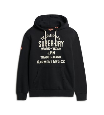 Superdry Workwear black hoodie with flocked graphic