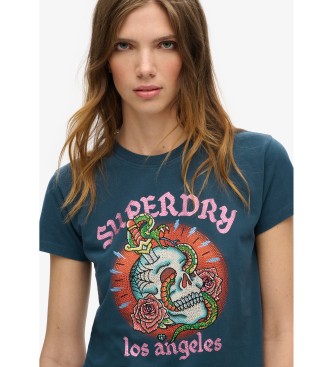 Superdry T-shirt con tatuaggio strass blu scuro