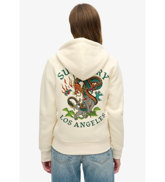 Superdry Off-white Tattoo hooded sweatshirt with zip and rhinestones