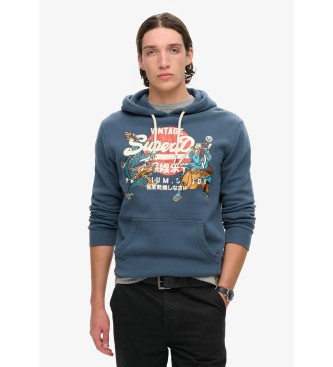 Superdry Grafisches Kapuzensweatshirt mit Logo Tokyo Vintage blau