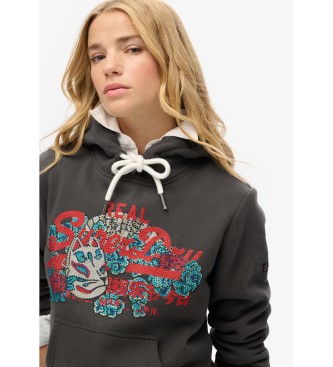 Superdry Grafisches Kapuzensweatshirt mit Logo Tokyo Vintage dunkelgrau