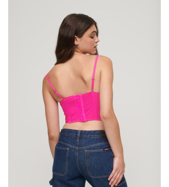 Superdry Short corset top in pink ruched mesh