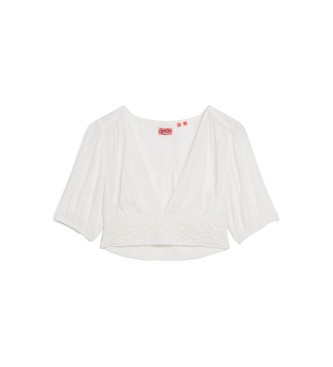 Superdry Top con ribete de encaje de manga corta Ibiza blanco