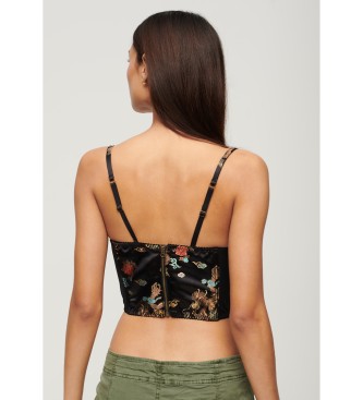 Superdry Corset top with black satin floral embroidery